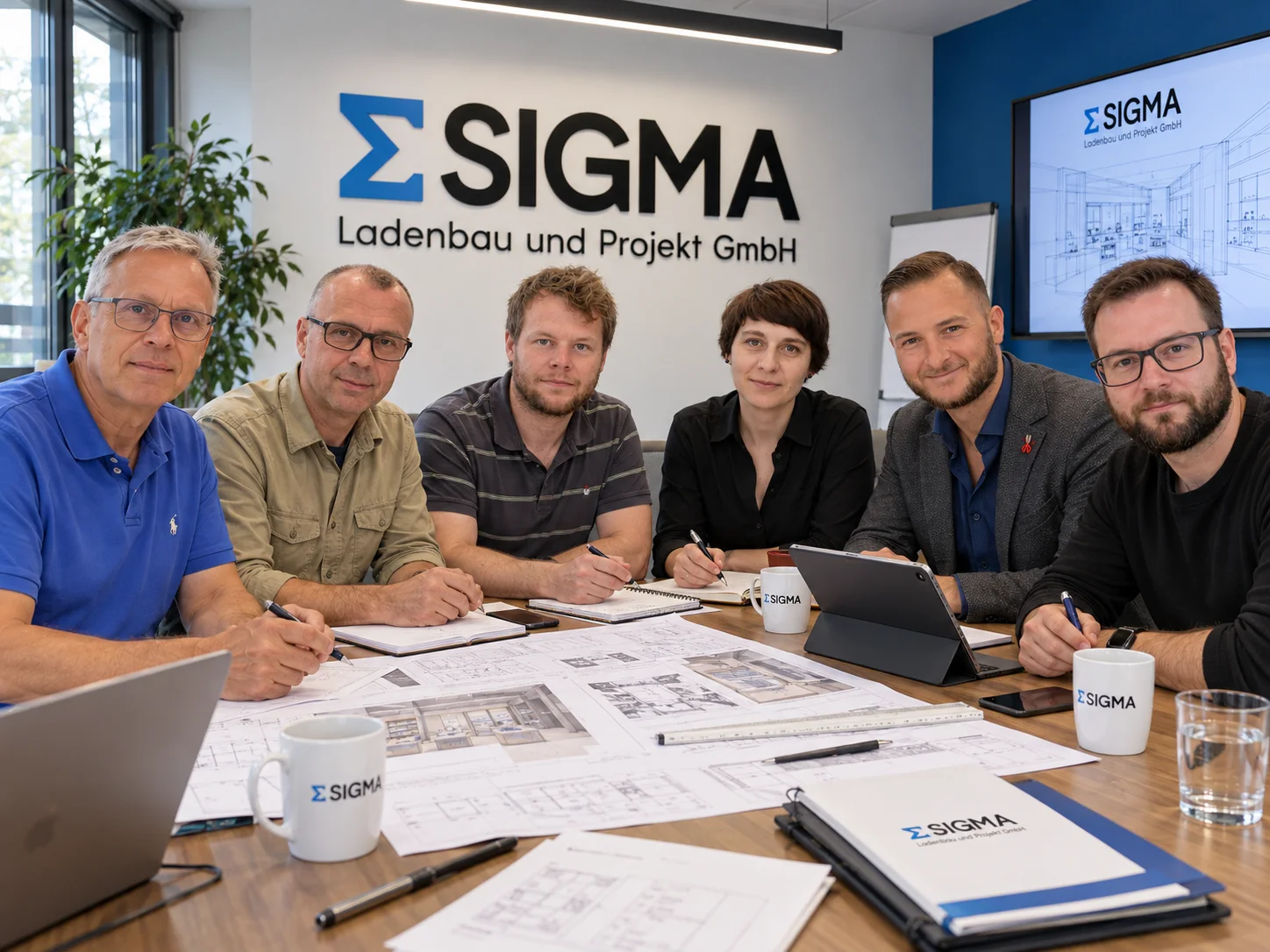 KI-generiertes Bild: ein Team am Besprechungstisch mit Grundrissen, Materialmustern und SIGMA-Tassen.