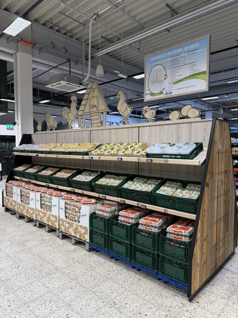 Aktionsfläche mit Holzaufbau und Kistenpräsentation
