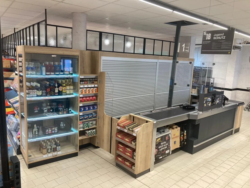 Kassenmöbel mit Rollladenschrank und Zeitschriftenregal
