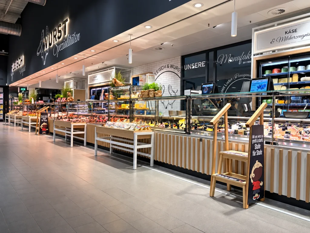 Wursttheke mit Holzaufstellern und Kindertritt